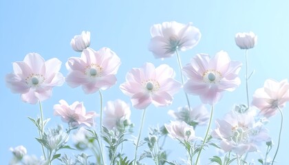 Obraz premium A soft, dreamy image of delicate pink flowers against a bright blue sky
