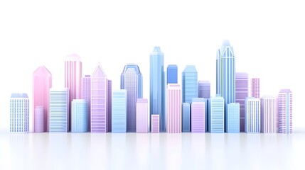 Obraz premium A stylized cityscape with pastel-colored buildings arranged in a horizontal line against a white background