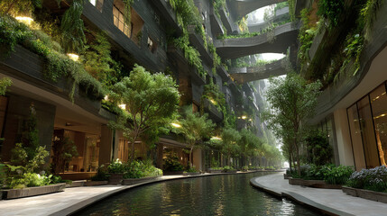 Fototapeta premium Innovative vertical farming facility showcased in smart city modern urban environment lush green view