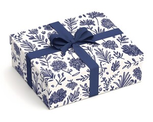 A white gift box with a blue floral pattern and a blue ribbon