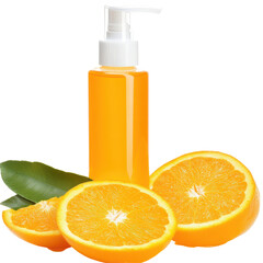 Orange Citrus Essence: a photorealistic image of an orange liquid container and some sliced fresh oranges with a leaf, evoking refreshing zest and vitality.