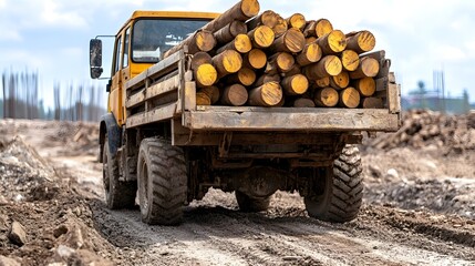 Obraz premium A yellow truck with a bed full of logs drives on a muddy dirt road