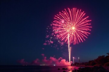 Vibrant firework explosion in night sky, colorful bursts of light , sparks, orange, awesome