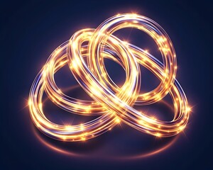 Three glowing metallic rings interlocked, casting a warm light against a dark blue background