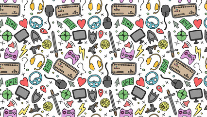Seamless pattern with gaming elements including keyboards swords and game controllers on white backdrop © Decent Discoveries