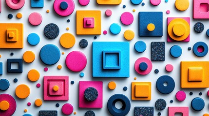 Bright, colorful shapes in a repeating pattern. Squares and circles fill space
