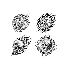 Fototapeta premium Four skull illustrations with flames and helmets in black and white design