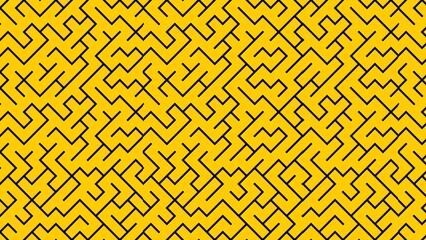 A complex black line maze pattern on a bright yellow background creating an abstract design element