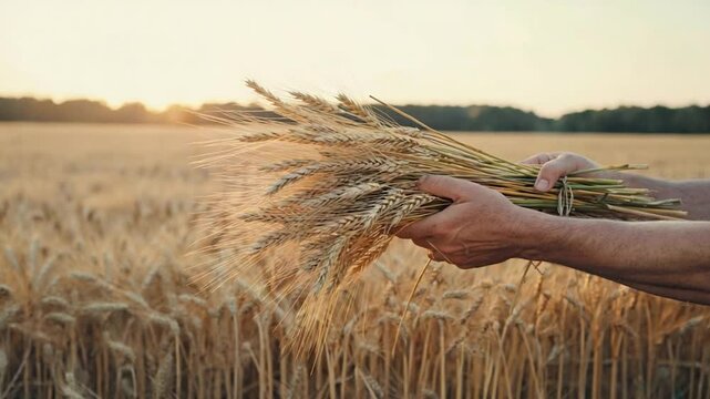 Hands holding wheat stalks in a golden field at sunset