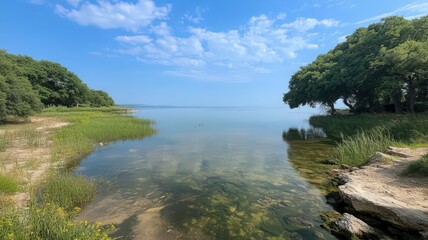 Calm Lake with Lush Greenery Under Bright Sunlight