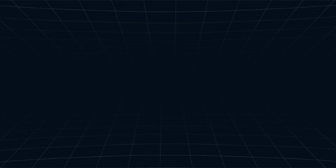 A dark background features a glowing grid pattern. Lines converge creating a 3D perspective effect.