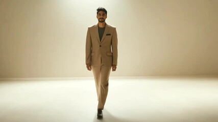 A professional model in a suit walks confidently down an illuminated runway. The subject moves with measured steps, maintaining a serious expression on his face against a minimalist white background. - Powered by Adobe
