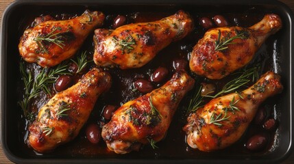 Roasted chicken drumsticks with olives and herbs on a baking sheet.