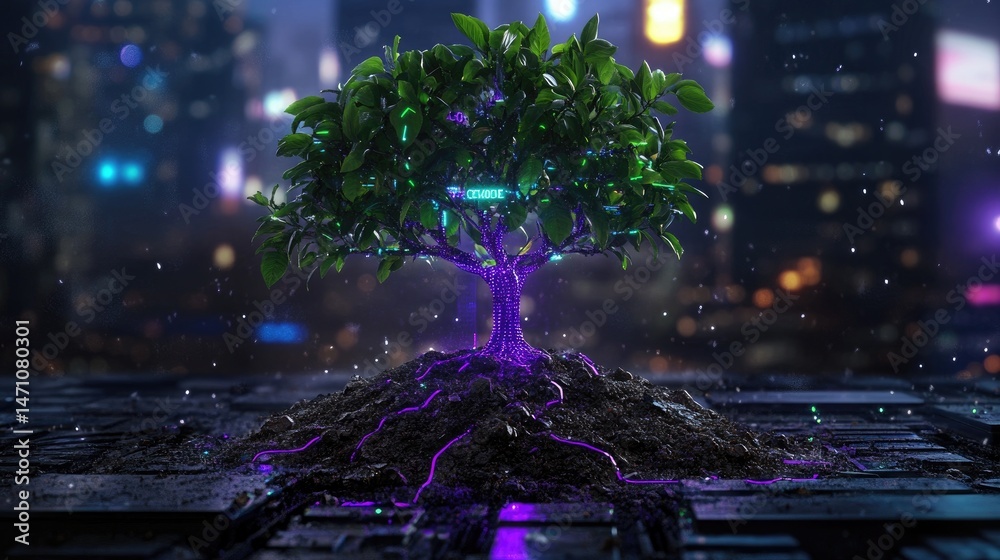 Poster abstract glowing tree rooted in urban landscape representing data growth and futuristic digital citi