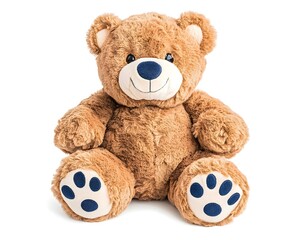 Fototapeta premium A brown plush teddy bear with a blue nose and paw pads sits with a happy smile on a white background