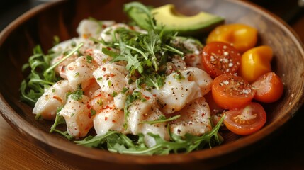 Wooden bowl filled with seafood salad and vegetables.