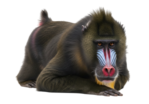Resting mandrill isolated on transparent background (png) for educational, wildlife, and conservation projects