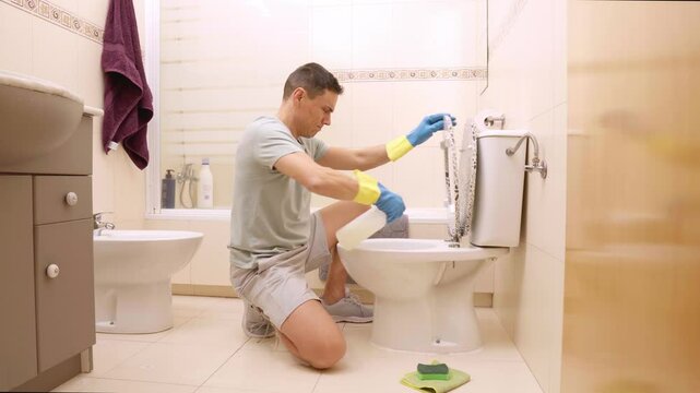 Man cleaning toilet in bathroom with disinfectant and sponge