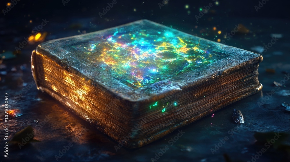 Poster ancient tome with bright ethereal lights shining from open pages