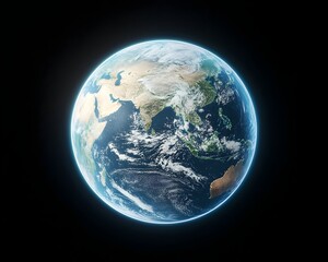 A detailed, realistic rendering of Earth, showcasing Asia, Australia, and surrounding oceans.  The planet is illuminated from the right, casting a soft glow