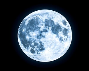 A full moon, shining bright in the night sky, its surface a mix of light and dark craters