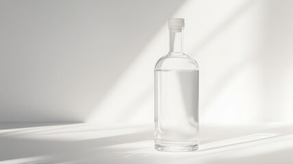 Clear Glass Bottle in Sunlight on White Background