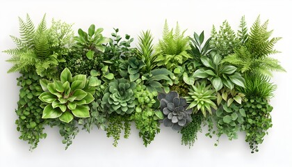 Obraz premium A lush arrangement of various green plants, including ferns, succulents, and leafy foliage, against a white background