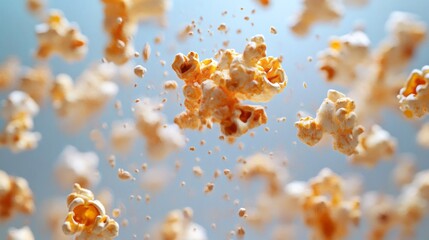 Popcorn kernels in motion against a light background.