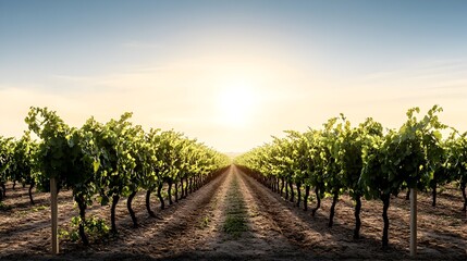 Naklejka premium A picturesque vineyard, with rows of grapevines stretching towards a brilliant sunset