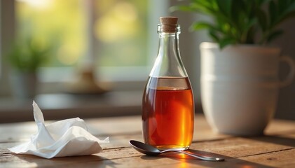 Bottle of cough syrup with a spoon on a wooden table, next to tissues , health care, pharmacy products