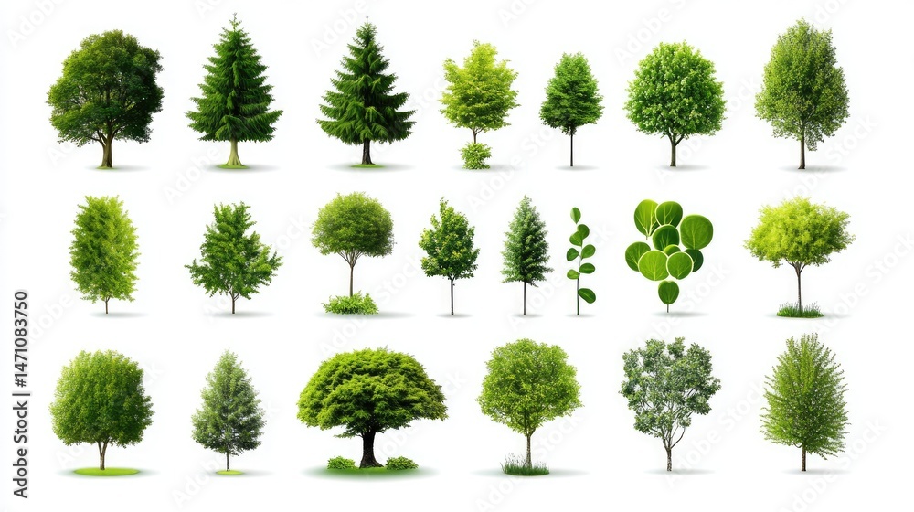 Poster Collection of flat design green tree vector icons on white background, featuring various tree shapes and styles