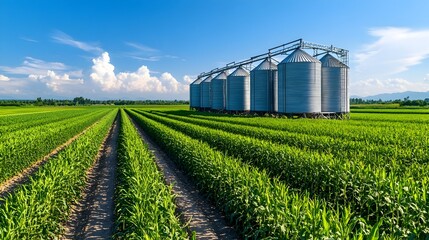 A row of metal grain silos stand tall in a vast field of lush green corn