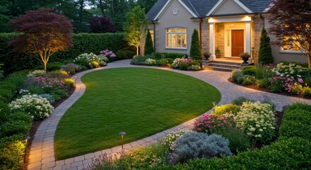 Fototapeta premium Luxury home landscaping at dusk