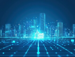 Digital city skyline illustration with glowing network connections and grid landscape in futuristic blue tones