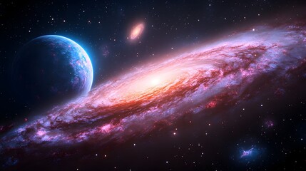 A vibrant, swirling galaxy with a blue planet in the foreground