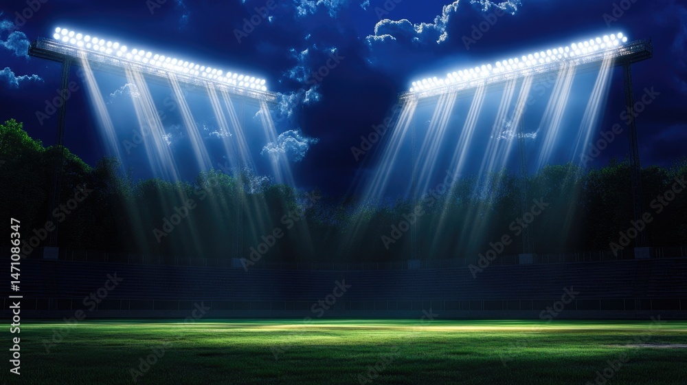 Poster Dramatic scene with stadium floodlights creating sharp rays into the night air