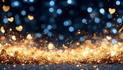 Golden hearts and sparkling glitter on a dark blue background with bokeh