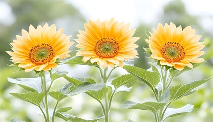 Obraz premium Three bright yellow sunflowers with green leaves in the background