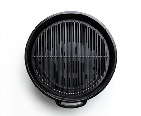 Top-down view of a black round grill.  Empty, clean, and ready for use