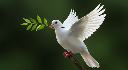 Dove Holding Leaf Branch Perched on Branch Against Green Background