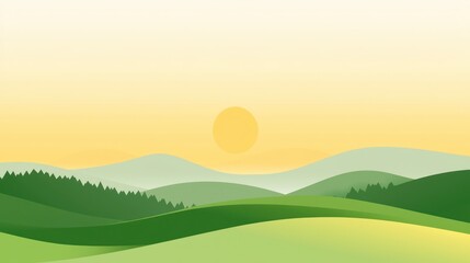 Simple, stylized illustration of a tranquil, rolling hills landscape at sunrise.