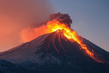 Volcano erupting at sunset
