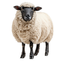 Fototapeta premium Isolated sheep portrait showcasing textured fleece and dark face on transparent background