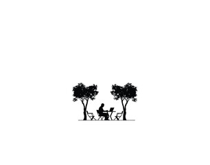 Remote Work in Cozy Outdoor Café with Laptop silhouette on white background