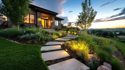 Front yard with warm LED path lights emphasizing structure and flow of design