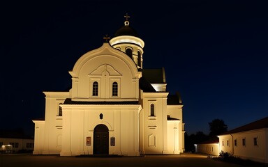Ascension Cathedral Night Photography - Illuminated Greek Orthodox Church at Night. High quality