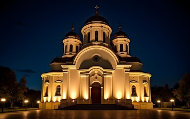 Fototapeta premium Ascension Cathedral Night Photography - Illuminated Greek Orthodox Church at Night. High quality