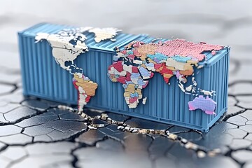 A blue shipping container with a world map on its side, representing global trade and interconnectedness