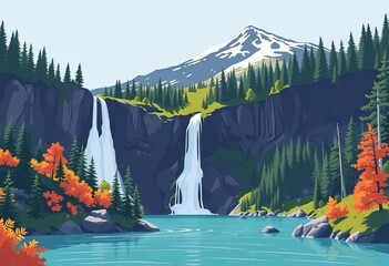 Minimalist vector illustration of Olympic National Park waterfall, Washington state, ideal for travel posters and postcards, simple, travel destination