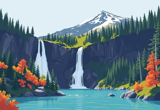 Minimalist vector illustration of Olympic National Park waterfall, Washington state, ideal for travel posters and postcards, simple, travel destination